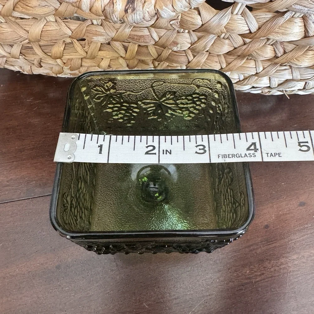 Vintage Indiana Glass Green Square Candy Dish Footed Pedestal Grape Vine